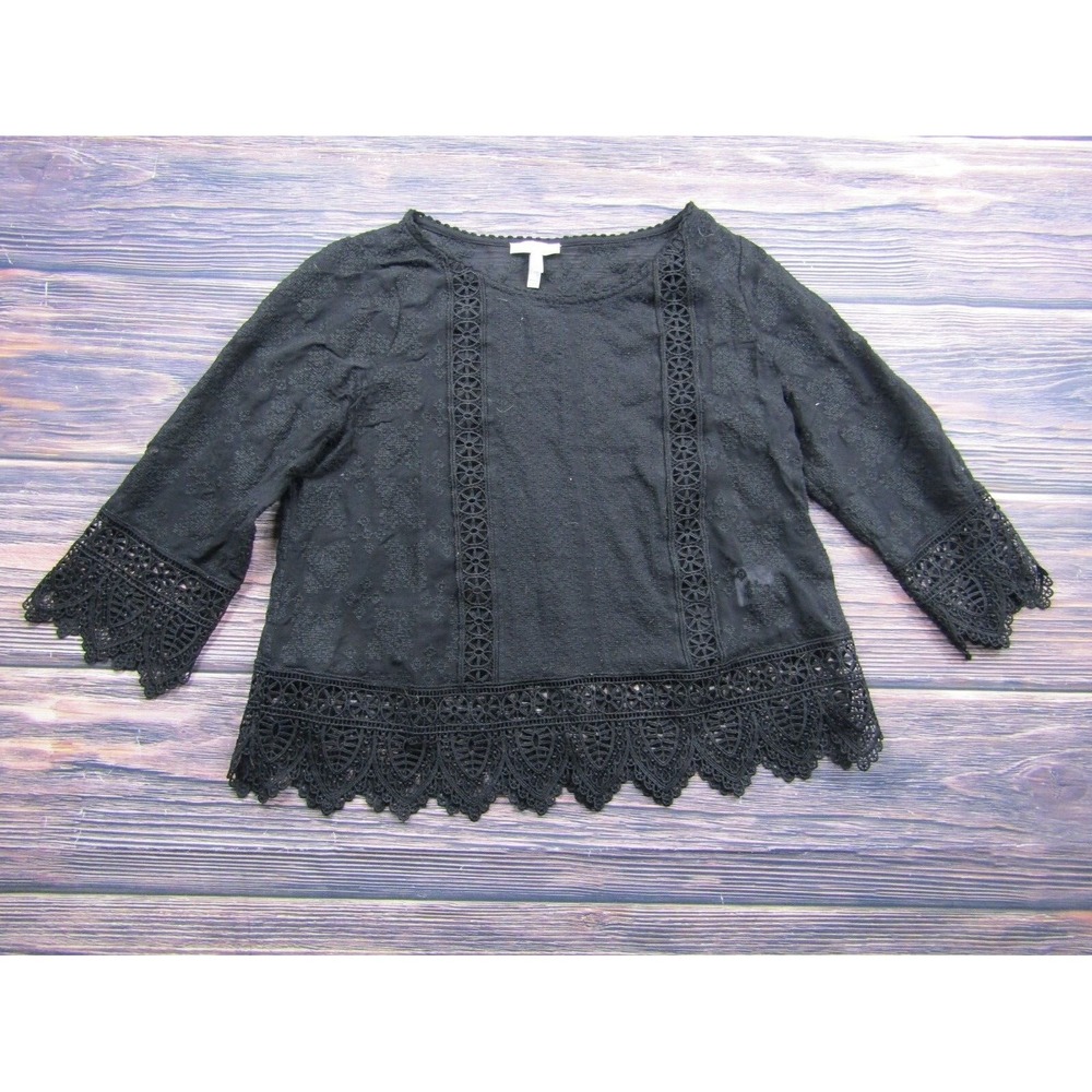 Joie Womens Size XXS Black Silk Lace Trim Round Neck Blouse Top Preowned